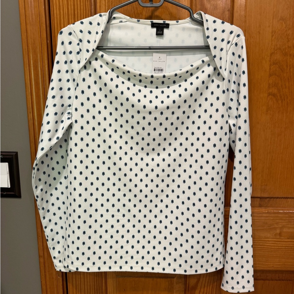 Ann Taylor White Long Sleeve Top with Navy Dot Print